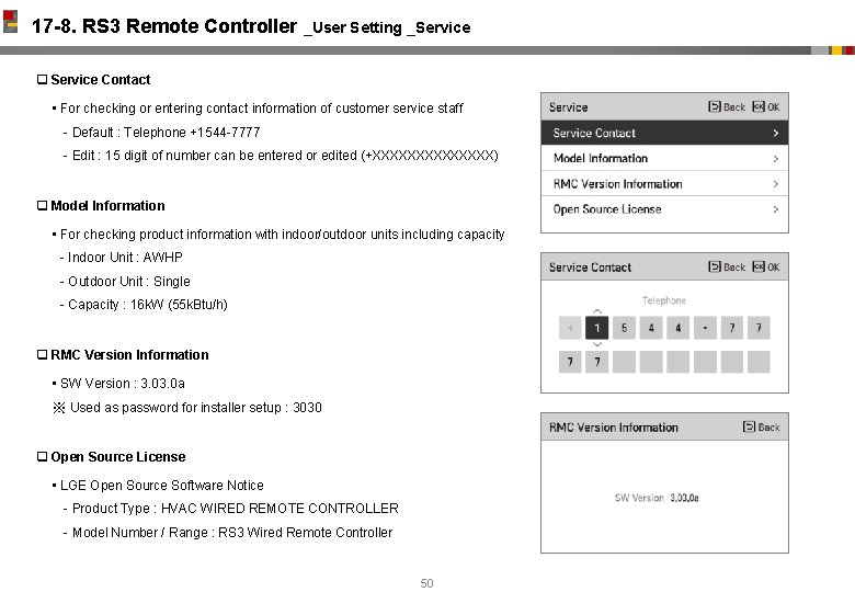 17 -8. RS 3 Remote Controller _User Setting _Service q Service Contact • For