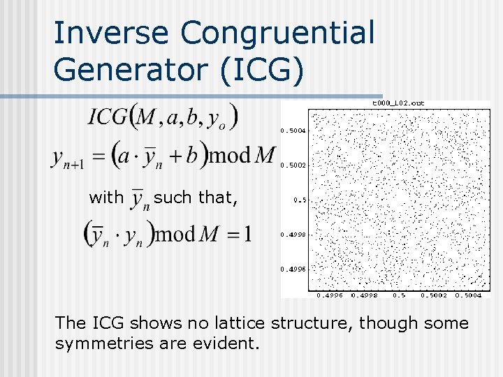 Inverse Congruential Generator (ICG) with such that, The ICG shows no lattice structure, though