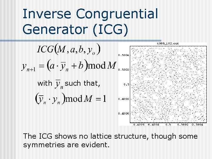 Inverse Congruential Generator (ICG) with such that, The ICG shows no lattice structure, though Inverse Congruential Generator (ICG) with such that, The ICG shows no lattice structure, though