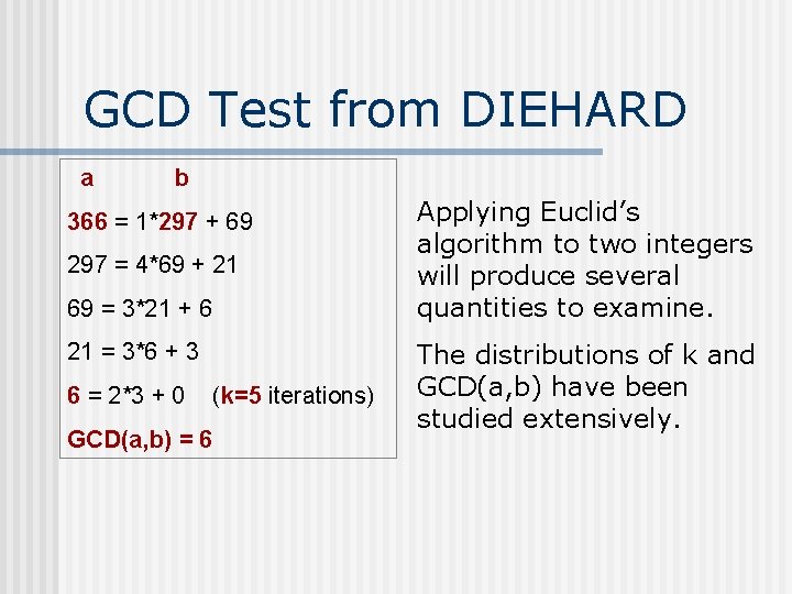 GCD Test from DIEHARD a b 366 = 1*297 + 69 297 = 4*69