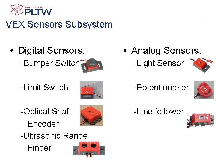 VEX Sensors Subsystem • Digital Sensors: • Analog Sensors: -Bumper Switch -Light Sensor -Limit