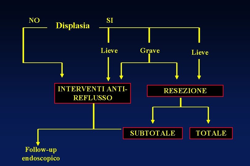 NO Displasia SI Lieve INTERVENTI ANTIREFLUSSO Grave Lieve RESEZIONE SUBTOTALE Follow-up endoscopico TOTALE 