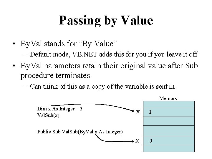 Passing by Value • By. Val stands for “By Value” – Default mode, VB.