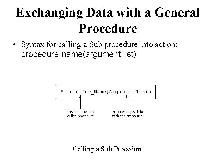 Exchanging Data with a General Procedure • Syntax for calling a Sub procedure into