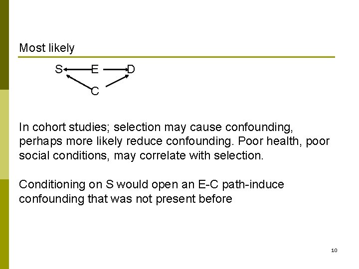 Most likely S E D C In cohort studies; selection may cause confounding, perhaps