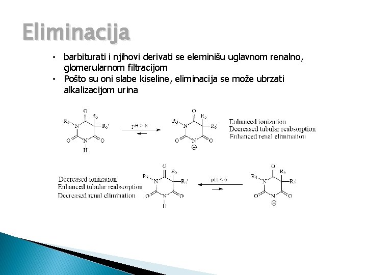 Eliminacija • barbiturati i njihovi derivati se eleminišu uglavnom renalno, glomerularnom filtracijom • Pošto