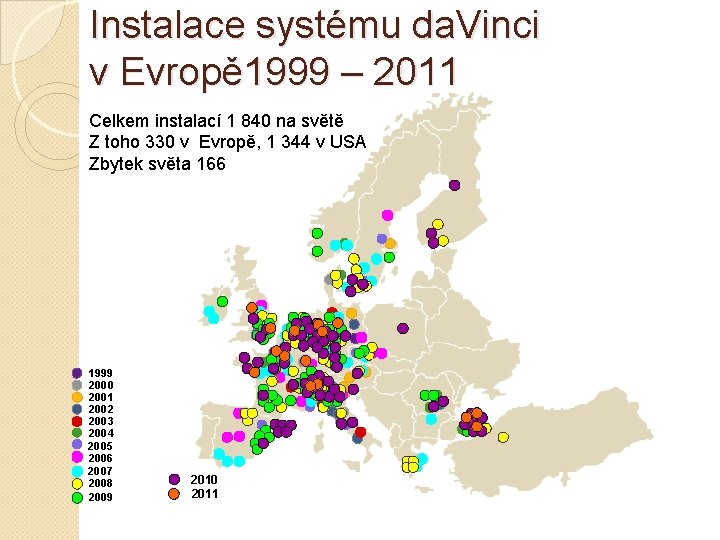 Instalace systému da. Vinci v Evropě 1999 – 2011 Celkem instalací 1 840 na