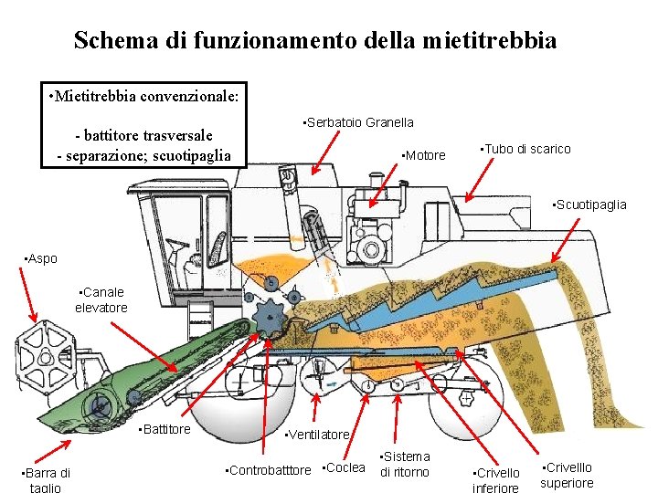 Schema di funzionamento della mietitrebbia • Mietitrebbia convenzionale: - battitore trasversale - separazione; scuotipaglia