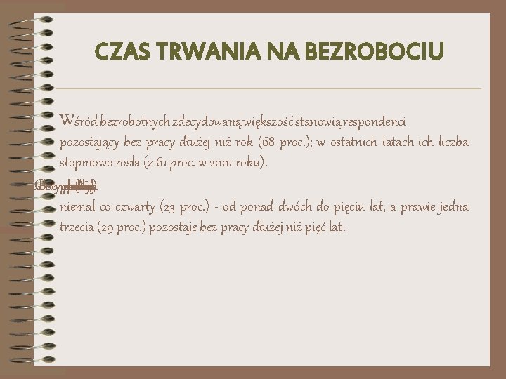 CZAS TRWANIA NA BEZROBOCIU Wśród bezrobotnych zdecydowaną większość stanowią respondenci pozostający bez pracy dłużej