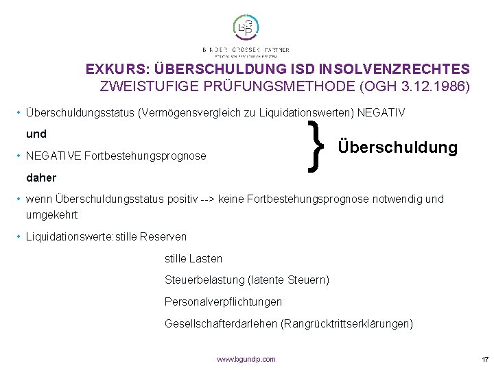 EXKURS: ÜBERSCHULDUNG ISD INSOLVENZRECHTES ZWEISTUFIGE PRÜFUNGSMETHODE (OGH 3. 12. 1986) • Überschuldungsstatus (Vermögensvergleich zu