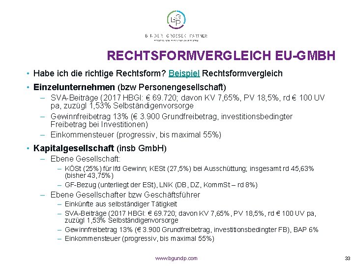 RECHTSFORMVERGLEICH EU-GMBH • Habe ich die richtige Rechtsform? Beispiel Rechtsformvergleich • Einzelunternehmen (bzw Personengesellschaft)