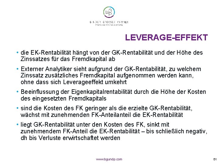 LEVERAGE-EFFEKT • die EK-Rentabilität hängt von der GK-Rentabilität und der Höhe des Zinssatzes für