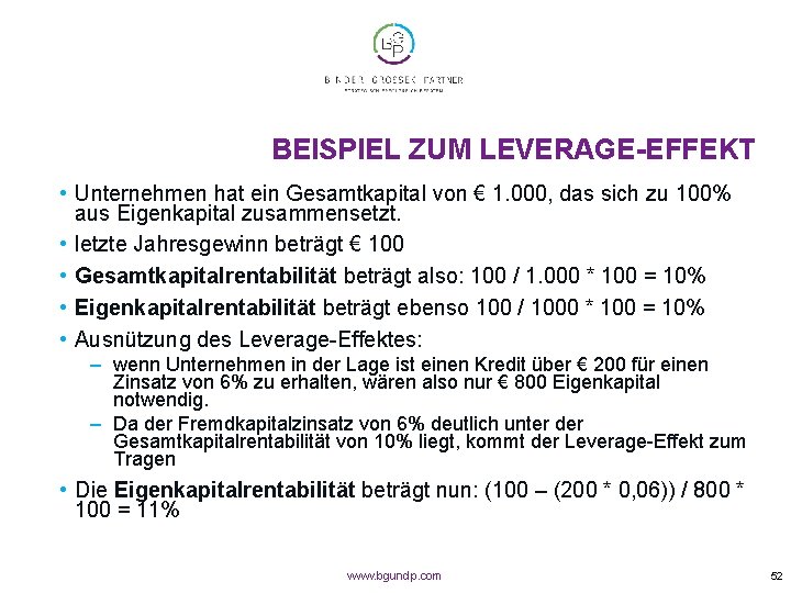 BEISPIEL ZUM LEVERAGE-EFFEKT • Unternehmen hat ein Gesamtkapital von € 1. 000, das sich