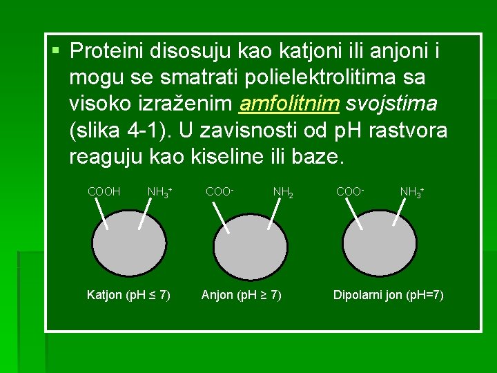 § Proteini disosuju kao katjoni ili anjoni i mogu se smatrati polielektrolitima sa visoko