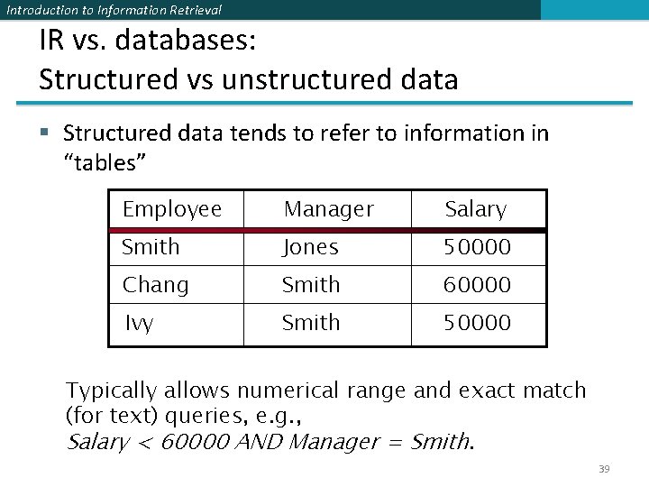 Introduction to Information Retrieval IR vs. databases: Structured vs unstructured data § Structured data Introduction to Information Retrieval IR vs. databases: Structured vs unstructured data § Structured data