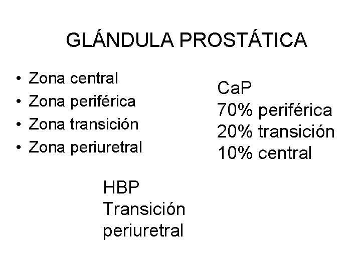 GLÁNDULA PROSTÁTICA • • Zona central Zona periférica Zona transición Zona periuretral HBP Transición