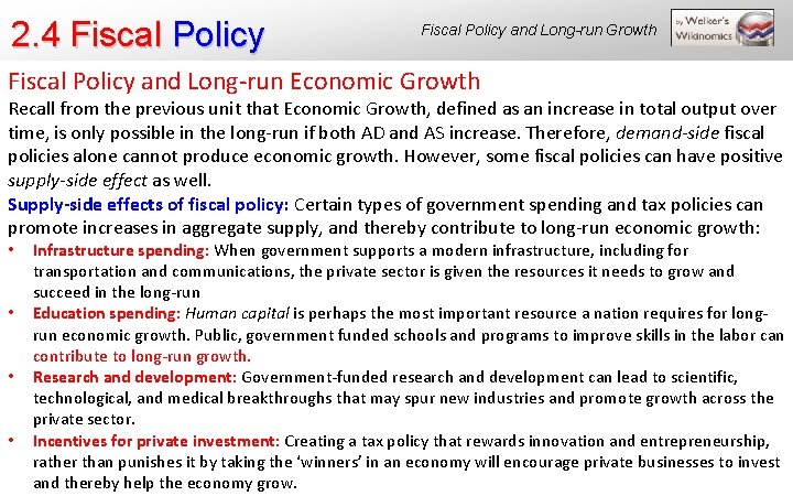 2. 4 Fiscal Policy and Long-run Growth Fiscal Policy and Long-run Economic Growth Recall