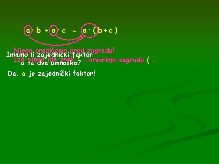 a· b + a· c = a· ( b + c ) Njega prepišemo