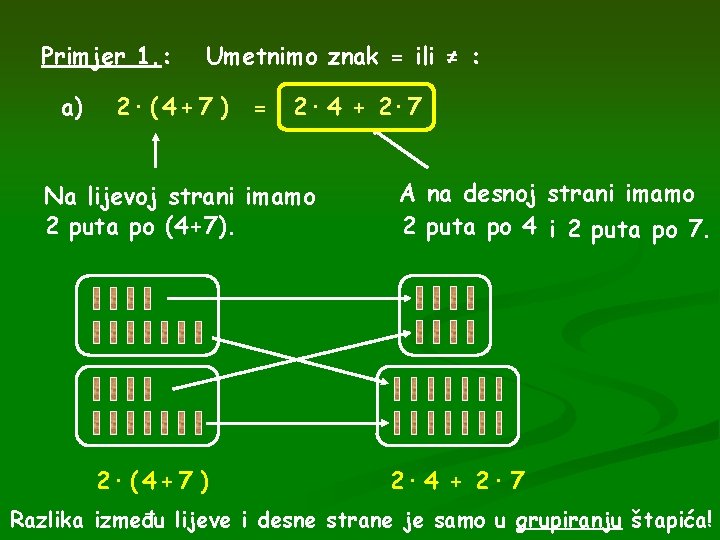 Primjer 1. : a) Umetnimo znak = ili ≠ : 2· ( 4 +