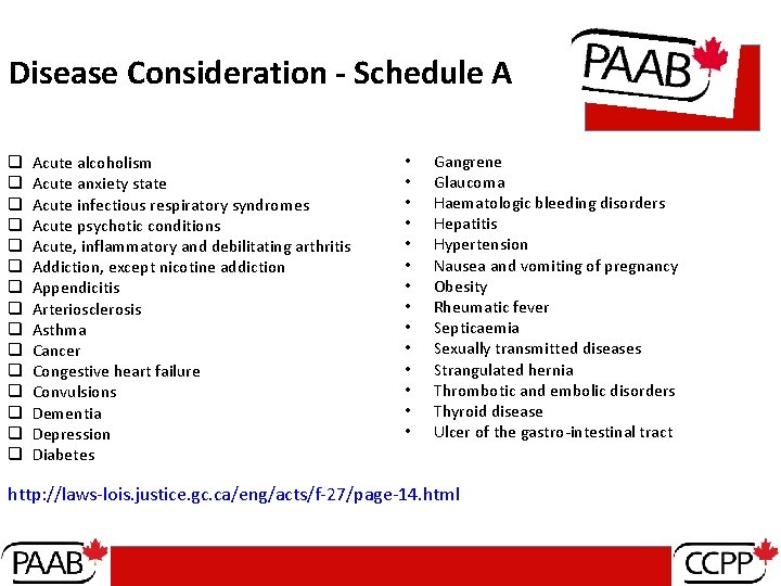 Disease Consideration - Schedule A q q q q Acute alcoholism Acute anxiety state