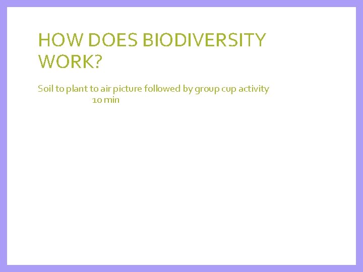 HOW DOES BIODIVERSITY WORK? Soil to plant to air picture followed by group cup
