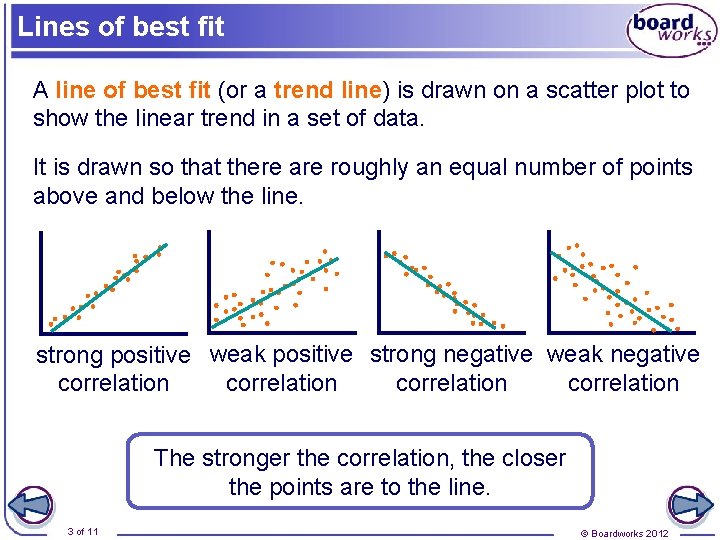 Lines of best fit A line of best fit (or a trend line) is