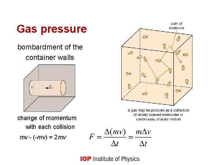 Gas pressure bombardment of the container walls change of momentum with each collision mv