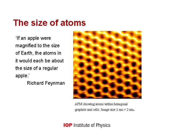 The size of atoms ‘If an apple were magnified to the size of Earth,