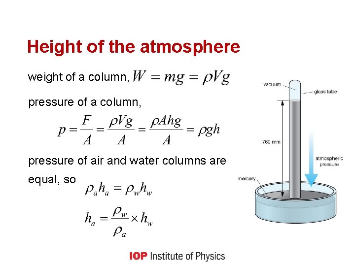 Height of the atmosphere weight of a column, pressure of a column, pressure of