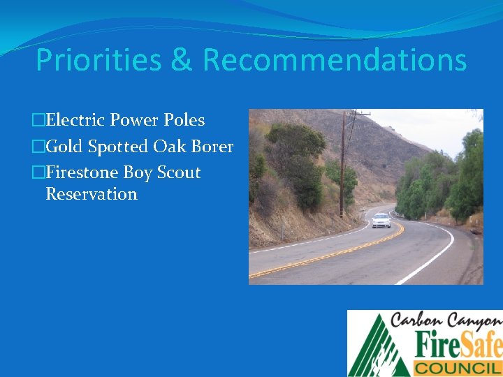 Priorities & Recommendations �Electric Power Poles �Gold Spotted Oak Borer �Firestone Boy Scout Reservation