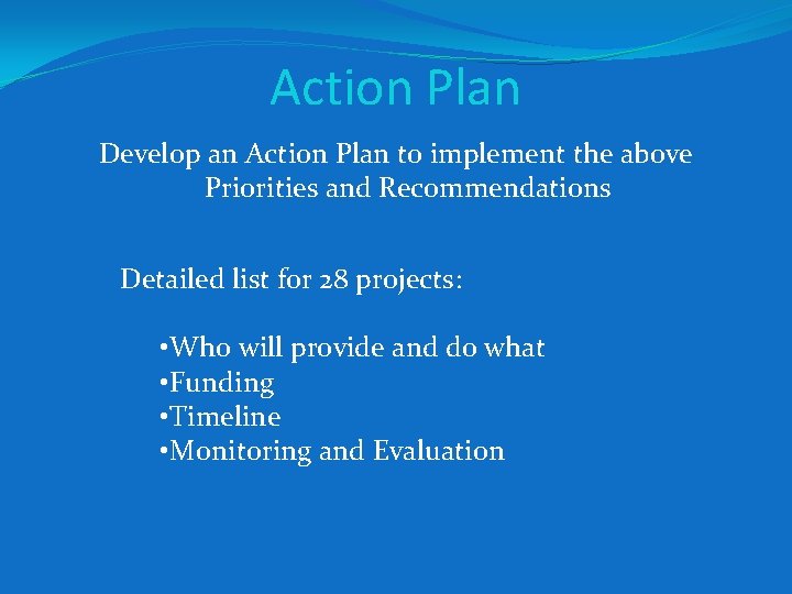 Action Plan Develop an Action Plan to implement the above Priorities and Recommendations Detailed