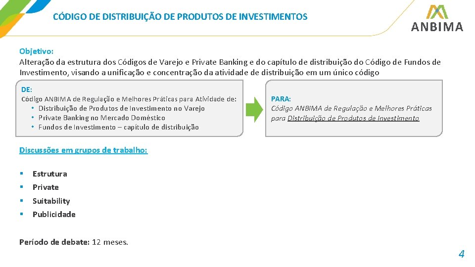 CÓDIGO DE DISTRIBUIÇÃO DE PRODUTOS DE INVESTIMENTOS Objetivo: Alteração da estrutura dos Códigos de