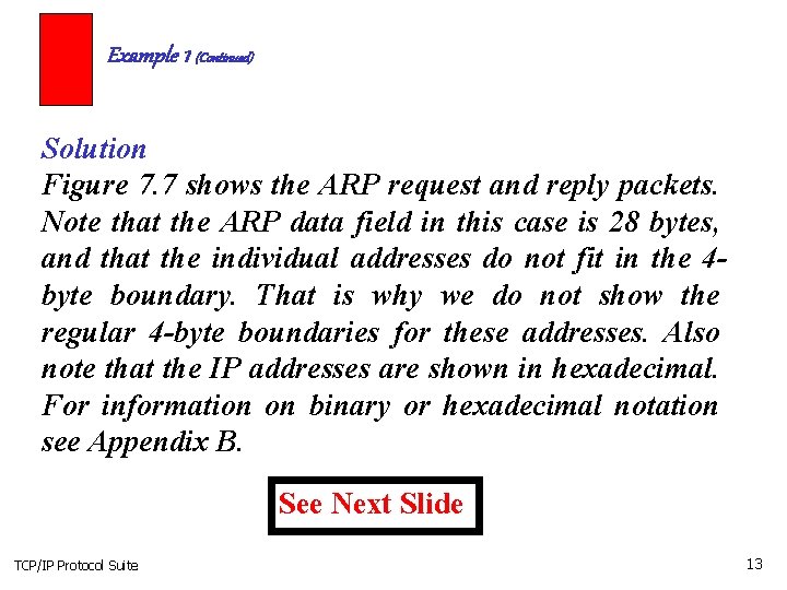 Example 1 (Continued) Solution Figure 7. 7 shows the ARP request and reply packets.