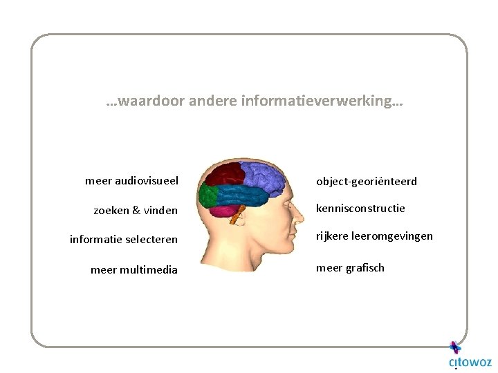 …waardoor andere informatieverwerking… meer audiovisueel zoeken & vinden informatie selecteren meer multimedia object-georiënteerd kennisconstructie