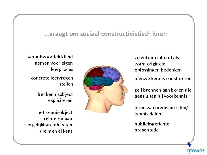 …vraagt om sociaal constructivistisch leren verantwoordelijkheid nemen voor eigen leerproces concrete leervragen stellen het