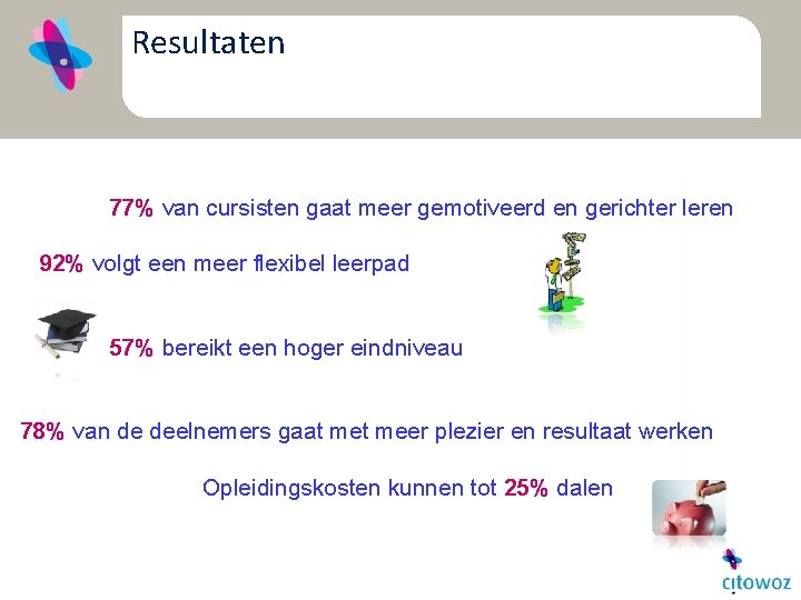 Resultaten 77% van cursisten gaat meer gemotiveerd en gerichter leren 92% volgt een meer