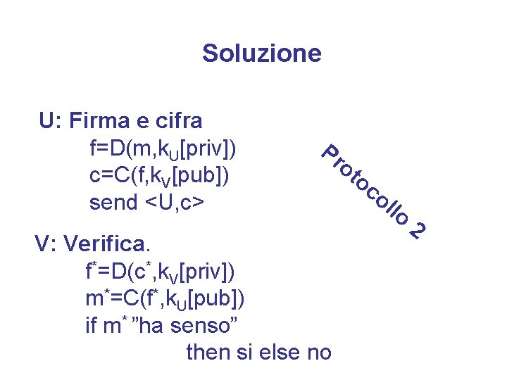 Soluzione U: Firma e cifra f=D(m, k. U[priv]) c=C(f, k. V[pub]) send <U, c>