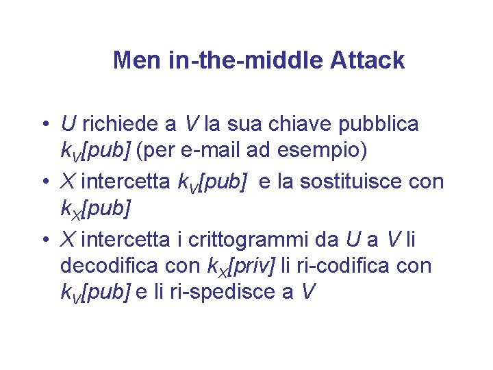 Men in-the-middle Attack • U richiede a V la sua chiave pubblica k. V[pub]