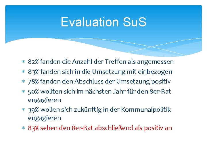Evaluation Su. S 82% fanden die Anzahl der Treffen als angemessen 83% fanden sich