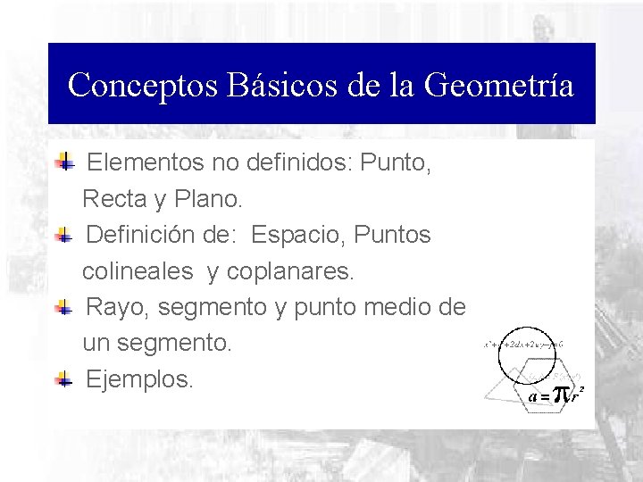Conceptos Básicos de la Geometría Elementos no definidos: Punto, Recta y Plano. Definición de: