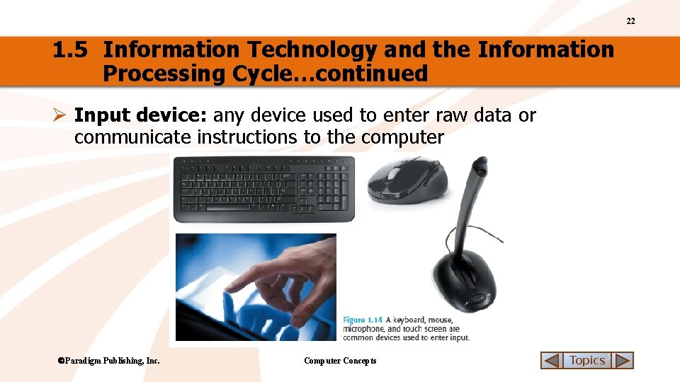 22 1. 5 Information Technology and the Information Processing Cycle…continued Ø Input device: any