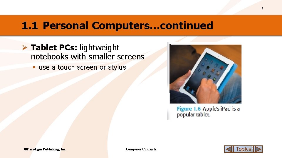 8 1. 1 Personal Computers…continued Ø Tablet PCs: lightweight notebooks with smaller screens §