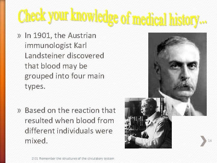 » In 1901, the Austrian immunologist Karl Landsteiner discovered that blood may be grouped