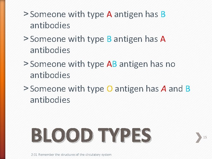 ˃ Someone with type A antigen has B antibodies ˃ Someone with type B