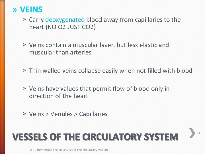 » VEINS ˃ Carry deoxygenated blood away from capillaries to the heart (NO O