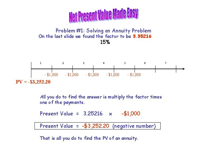 Problem #1: Solving an Annuity Problem On the last slide we found the factor