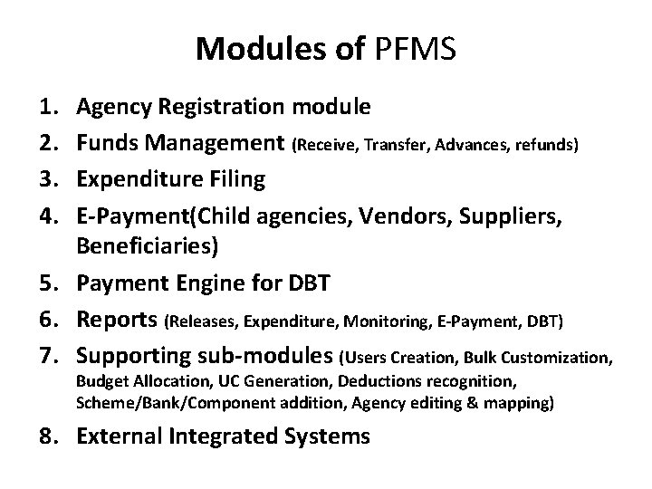 Modules of PFMS 1. 2. 3. 4. Agency Registration module Funds Management (Receive, Transfer,