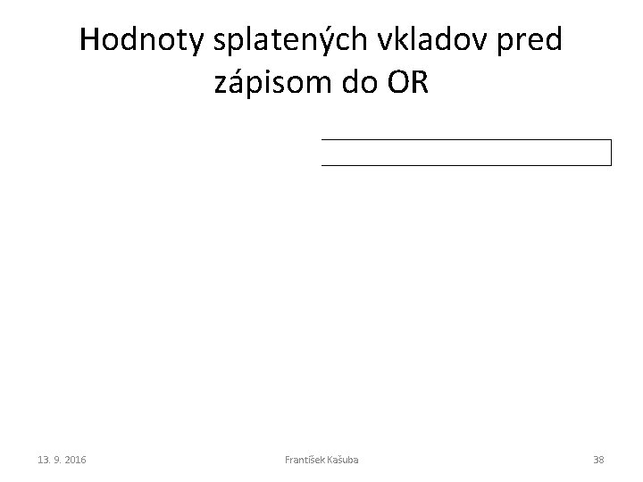 Hodnoty splatených vkladov pred zápisom do OR 13. 9. 2016 František Kašuba 38 Hodnoty splatených vkladov pred zápisom do OR 13. 9. 2016 František Kašuba 38