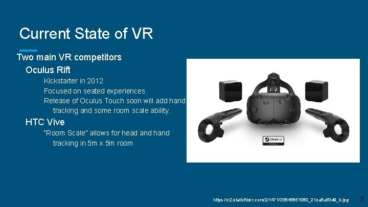 Current State of VR Two main VR competitors Oculus Rift Kickstarter in 2012 Focused