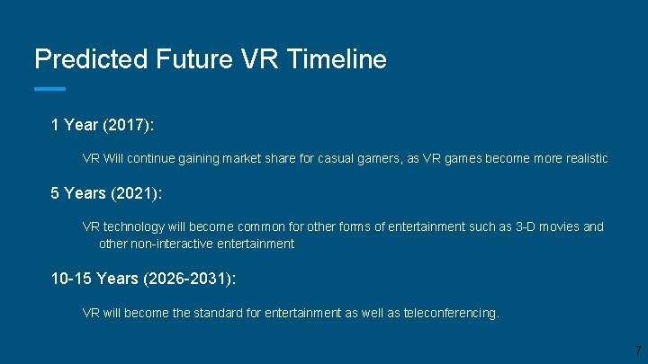 Predicted Future VR Timeline 1 Year (2017): VR Will continue gaining market share for